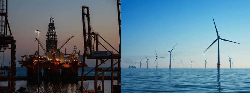photo showing an oil rig and a wind turbine array