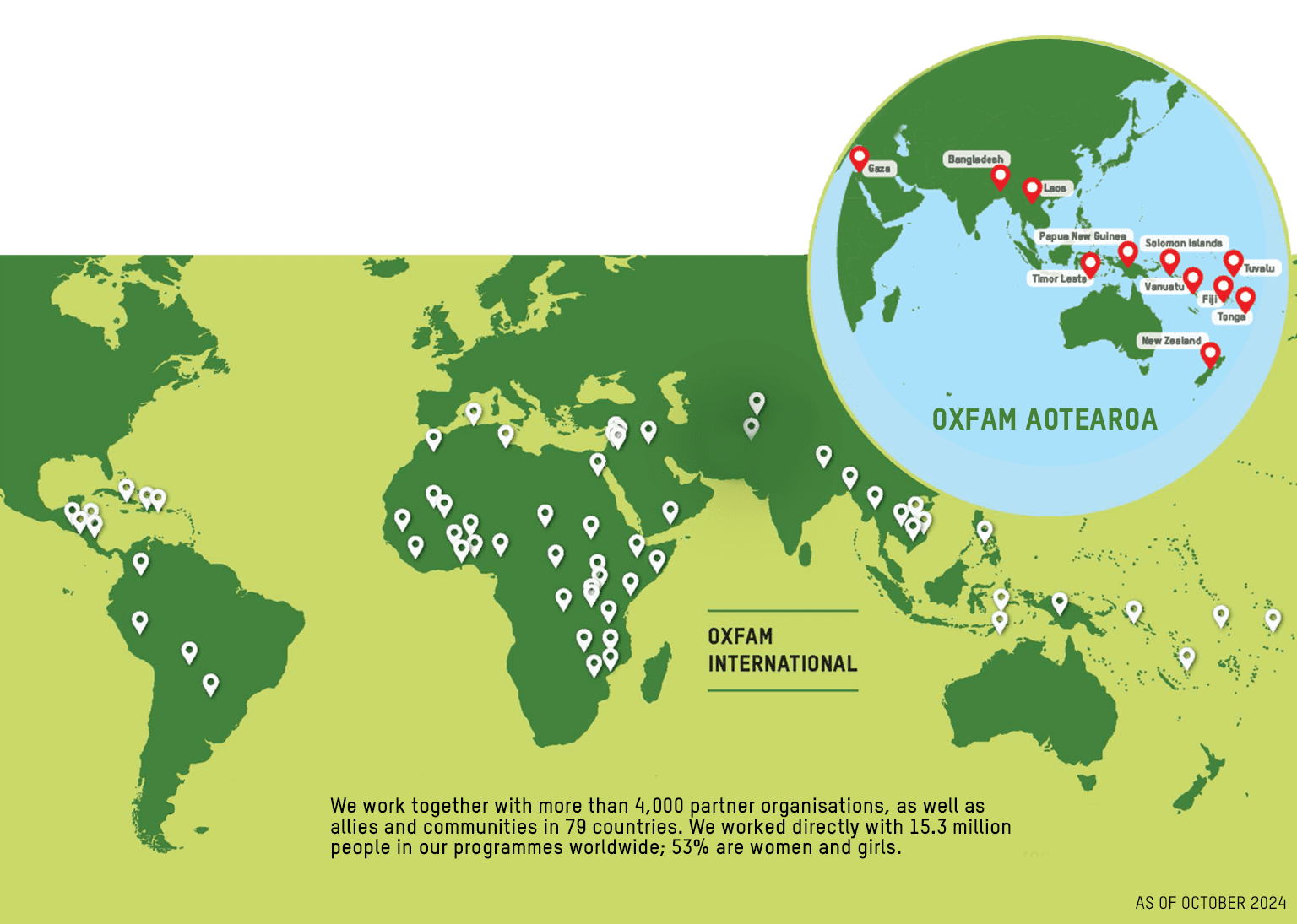 Map of where Oxfam International and Oxfam Aotearoa work in