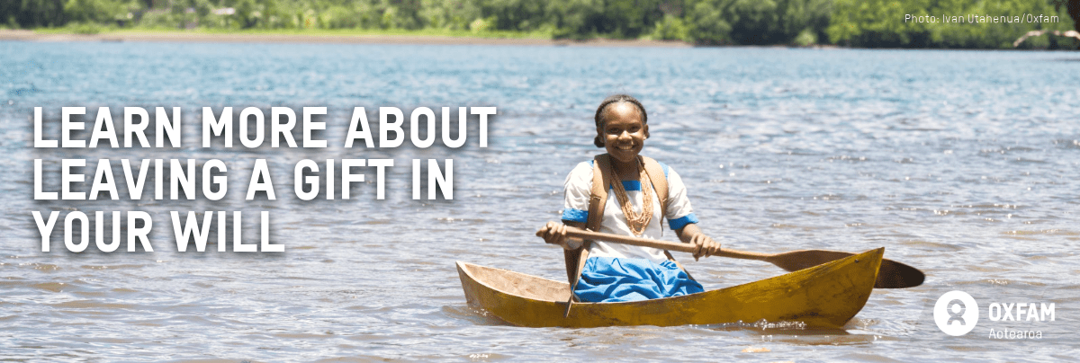 Shirley in a boat with text, learn more about leaving a gift in your will